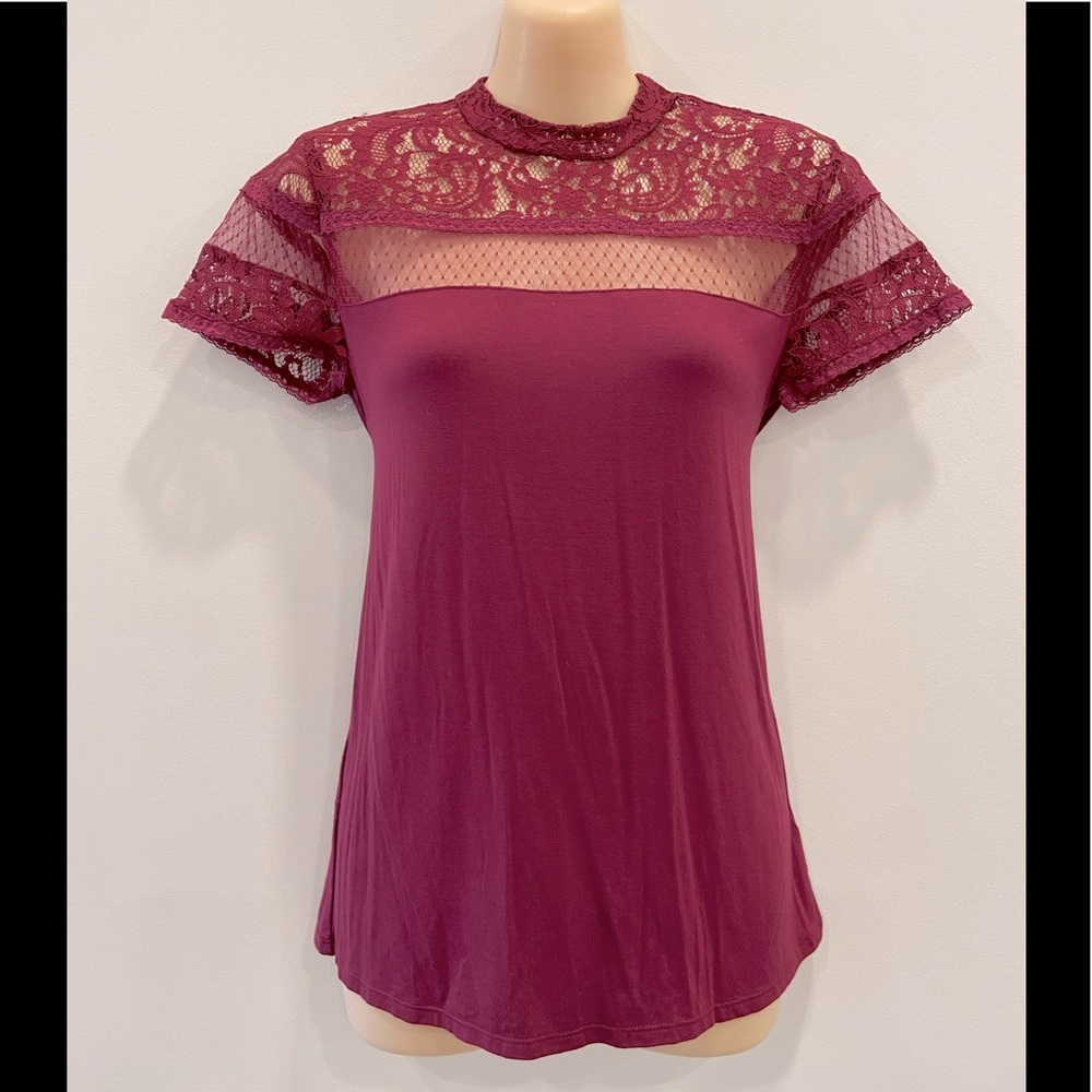 Express Fitted Maroon Sheer Lace Shoulder Top Blouse Size XS
